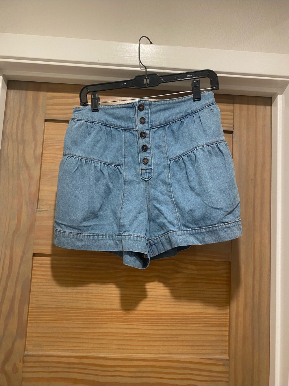 entro High-Waist Light Blue Denim Button-Front Shorts